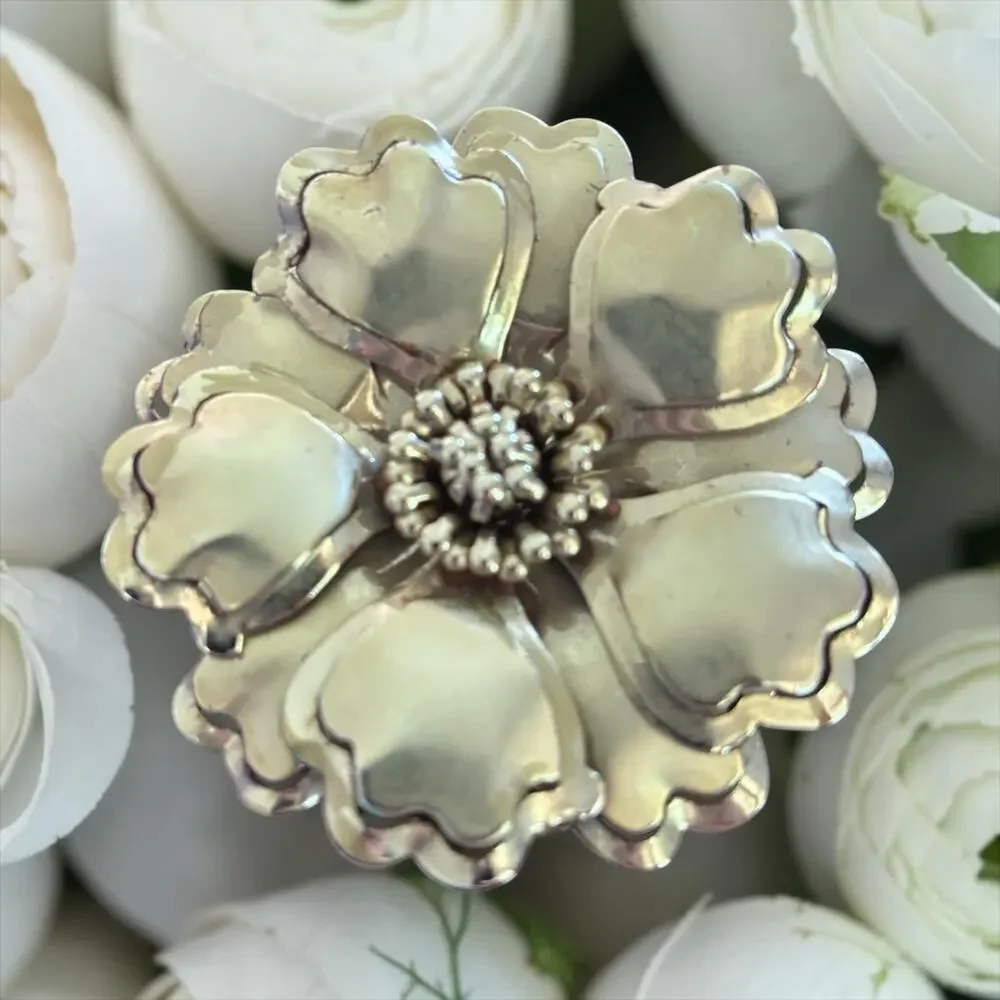 Vintage Gold Tone Layered Flower Brooch Romantic Bloom Statement Pin